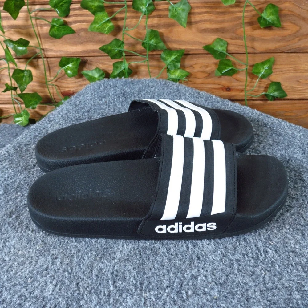 Adidas Adilette Shower Kids Slides Size 4 Pool Gym Sandals Black White Synthetic